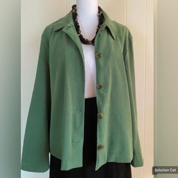 Briggs Blouse Women’s Medium Petite Green Faux Suede Button Up Casual Corpcore - Picture 2 of 7